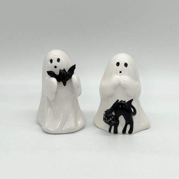 Set of 2 Target Hyde & Eek Ceramic Ghost w/ Bat & Cat Halloween Figurines NEW - Picture 1 of 7